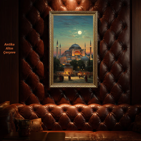 Ayasofya Camii Dolunay Manzaralı Kanvas Tablo – İstanbul Temalı İslami Duvar Dekoru, Dini ve Tarihi Atmosferli Salon Tablosu