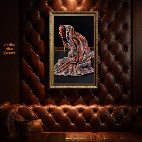 Modern Soyut Natürmort Sanat Tablosu Poster, Desenli Kumaş ve Klasik Koltuk Detaylı Lüks Dekoratif Duvar Sanatı Baskısı
