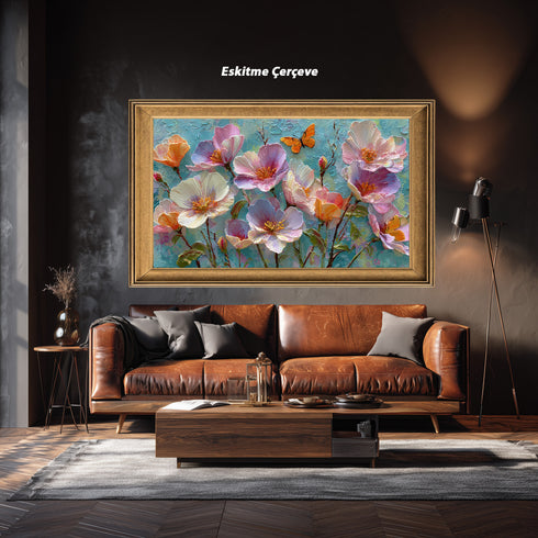 Turkuaz Zeminli Renkli Çiçekler ve Kelebek Tablosu Modern Soyut Kanvas Duvar Dekoru Salon Yatak Odası İçin Canlı Tasarım