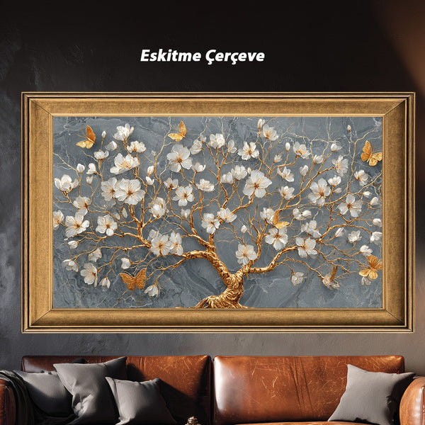Gri Mermer Zeminli Altın Dallı Beyaz Çiçekli Ağaç Tablosu Kelebekli Lüks Modern Kanvas Duvar Dekoru Salon İçin Şık Tasarım