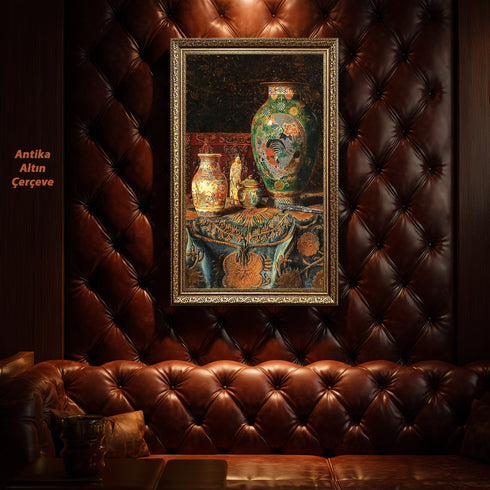 Eskitilmiş Çerçeveli Klasik Natürmort Sanat Tablosu Poster, Çin Porselen Vazolar ve Oryantal Desenli Kumaşlı Duvar Sanatı