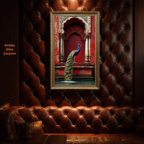 Kırmızı Oryantal Kapı ve Tavus Kuşu Sanat Baskısı, Doğu Mimarisi ve Zarif Detaylarla Egzotik Duvar Dekoru Tablo