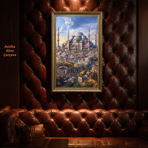 Ayasofya ve Tarihi İstanbul Silüeti Sanat Baskısı, Kubbe ve Minarelerle Osmanlı Mimarisi, Masalsı Şehir Manzarası Duvar Dekoru