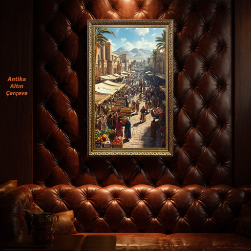 Antik Doğu Pazarı Manzarası Sanat Tablosu Poster, Palmiye Ağaçları ve Tarihi Mimari Arasında Canlı Oryantal Çarşı Sahnesi Duvar Sanatı