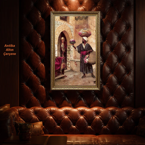 Oryantal Günlük Yaşam Sahnesi Sanat Tablosu Poster, Çiçek Satıcısı ve Osmanlı Mimarisinde Kadın Figürlü Klasik Duvar Sanatı