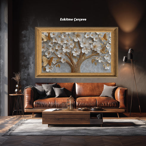 Altın Kelebekli Beyaz Çiçekli Ağaç Tablosu Kabartmalı Lüks Modern Kanvas Duvar Dekoru, Salon Yatak Odası İçin Şık Tablo