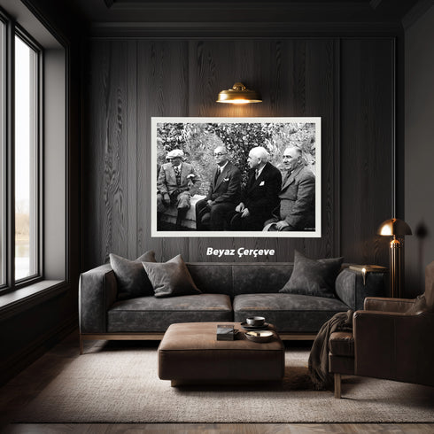 Atatürk ve Devlet Adamları Bahçe Sohbeti Tarihi Fotoğraf Kanvas Tablo Siyah Beyaz Nostaljik Duvar Dekoru