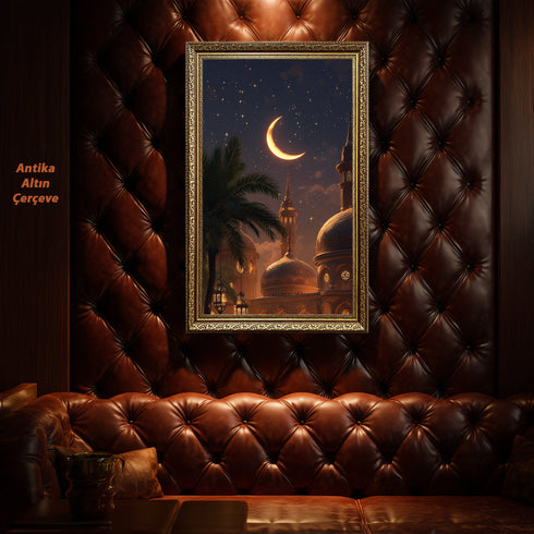 Hilal ve Yıldızlı Gece Camii Manzarası Kanvas Tablo – Ramazan Temalı İslami Duvar Dekoru, Dini ve Manevi Salon Tablosu