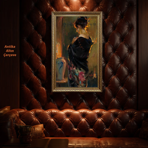 Arkadan Görünümlü Zarif Kadın Portresi, Duygusal Derinlik ve Dramatik Işıkla Yorumlanmış Modern ve Estetik Sanat Tablosu