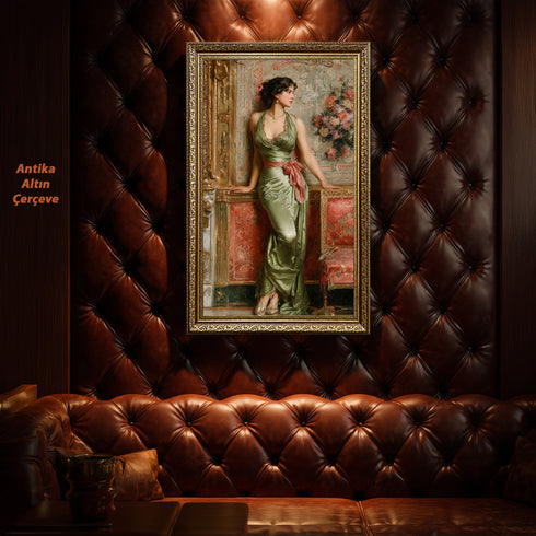 Zarif Kadın Figürü ve Klasik Salon Sanat Baskısı, Yeşil Saten Elbise ile Vintage Asalet, Romantik ve Zamansız Duvar Dekoru