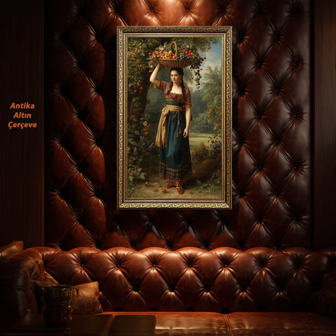 Meyve Sepeti Taşıyan Kırsal Kadın Sanat Baskısı, Doğal Bereket ve Geleneksel Yaşam Temalı Klasik Yağlı Boya Stil Duvar Dekoru