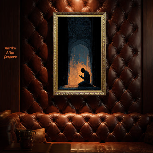 Mihrab Önünde Dua Eden Müslüman Silüeti Kanvas Tablo – Işık ve Gölge Temalı İslami Duvar Dekoru, Manevi ve Dini Salon Tablosu