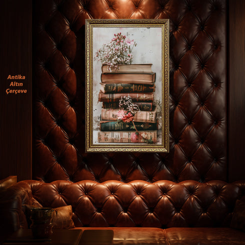 Vintage Kitap Yığını ve Zarif Çiçekler, Nostaljik ve Romantik Atmosferli Estetik Natürmort Sanat Tablosu