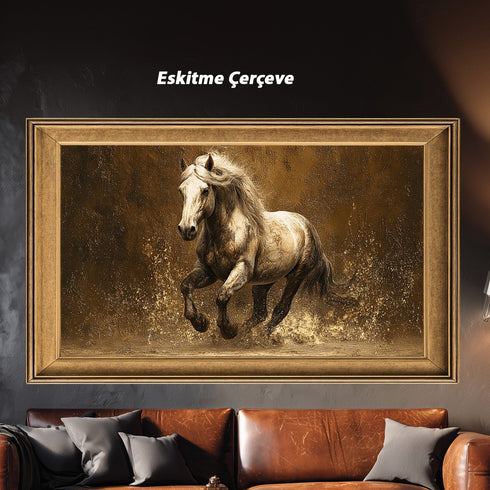 Koşan Beyaz At Tablosu Altın Bej Dokulu Arka Planlı Modern Kanvas Duvar Dekoru, Salon Ofis İçin Büyük Boy At Figürlü Tablo
