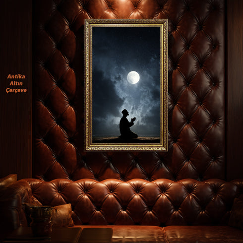 Dolunay Altında Dua Eden Müslüman Silüeti Kanvas Tablo – Gece ve Yıldız Temalı İslami Duvar Dekoru, Dini ve Manevi Salon Tablosu