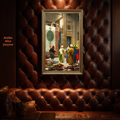 Oryantal Halı Pazarı Sahnesi Sanat Tablosu Poster, Geleneksel Doğu Mimarisi ve Renkli Figürlerle Klasik Tarihi Duvar Sanatı