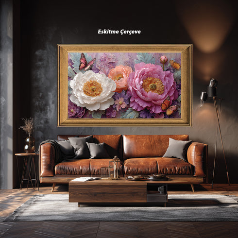 Pembe ve Beyaz Şakayık Çiçekli Kelebekli Tablo Romantik Vintage Kanvas Duvar Dekoru Salon Yatak Odası İçin Zarif Tasarım