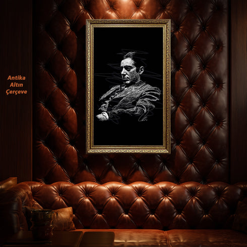 The Godfather Al Pacino Kanvas Tablo, Don Corleone Film Portresi Siyah Zemin Modern Duvar Dekoru, Sinema Temalı Sanat Eseri