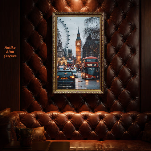 Londra Big Ben ve Kırmızı Otobüs Şehir Manzarası Sanat Baskısı, Yağmurlu Akşam Sokakları ve İkonik Şehir Duvar Dekoru Modern Ofis İçin