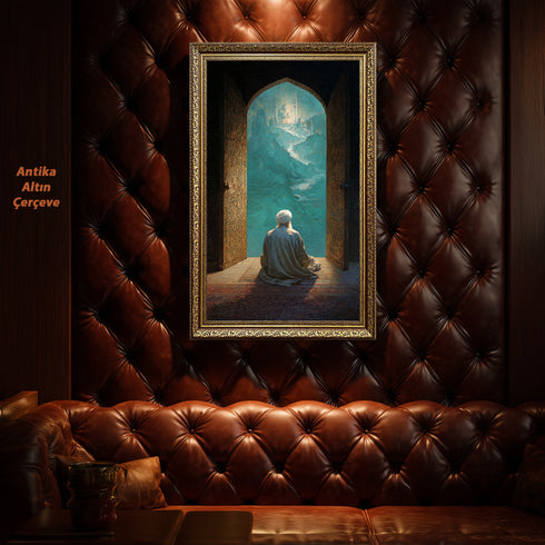 Kapıdan Camiye Bakan Derviş Kanvas Tablo – Manevi Yolculuk Temalı İslami Duvar Dekoru, Dini ve Huzur Veren Salon Tablosu