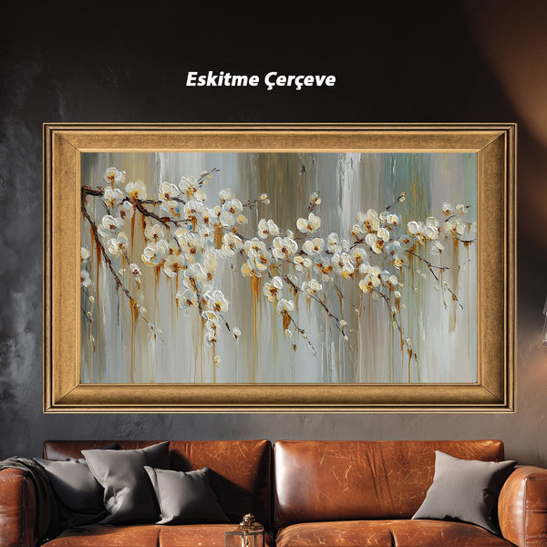 Beyaz Çiçekli Dal Tablosu Modern Soyut Floral Kanvas Duvar Dekoru Salon Yatak Odası Ofis İçin Büyük Boy Zarif Tasarım