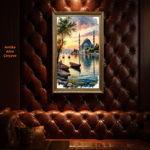 Gün Batımında Boğaz ve Tarihi Cami Manzarası Sanat Baskısı, İstanbul Temalı Suluboya Tablo ve Huzur Veren Klasik Duvar Dekoru