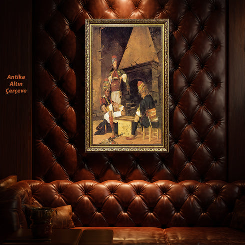 Tavla Oynayan Zeybekler, Osmanlı Dönemi Kıyafetleriyle Geleneksel Kahvehane Sahnesini Yansıtan Nostaljik Sanat Tablosu