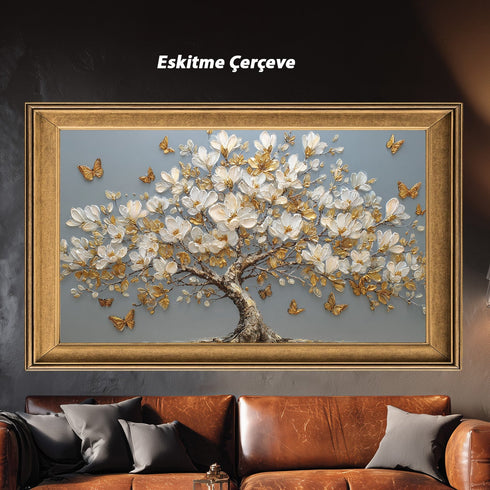 Altın Kelebekli Beyaz Manolya Ağacı Tablosu Lüks Modern Kanvas Duvar Dekoru Salon Yatak Odası ve Oturma Odası İçin Şık Tasarım