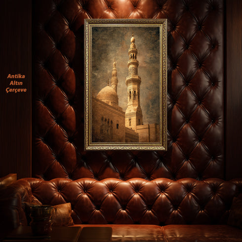 Tarihi Cami Minaresi ve Kubbe Kanvas Tablo – Osmanlı Mimari Temalı İslami Duvar Dekoru, Dini ve Klasik Salon Tablosu