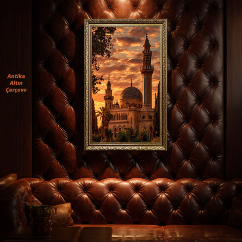 Gün Batımında Tarihi Cami ve Minare Kanvas Tablo – Altın Gökyüzü Temalı İslami Duvar Dekoru, Dini ve Manevi Salon Tablosu