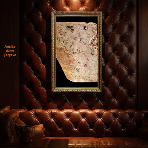 Piri Reis Tarihi Deniz Haritası ve Keşif Roteleri, Antik Kartografya Detaylarıyla Oryantal ve Nostaljik Dünya Haritası Sanat Eseri