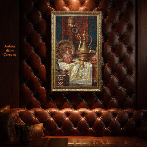 Oryantal Natürmort Sanat Tablosu Poster, Osmanlı İbriği ve Metal Objelerle Klasik Doğu Duvar Sanatı