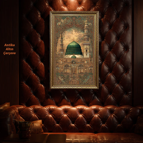Mescid-i Nebevi Yeşil Kubbe Osmanlı Desenli Kanvas Tablo – İslami Sanat Motifli Dini Duvar Dekoru, Medine Temalı Salon Tablosu