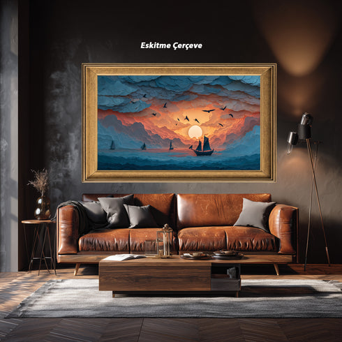 Bulutlar Arasında Gün Batımı ve Yelkenli Tablosu Soyut Deniz Manzarası Modern Kanvas Duvar Dekoru Salon Ofis Yatak Odası İçin Büyük Boy Sanatsal Tasarım