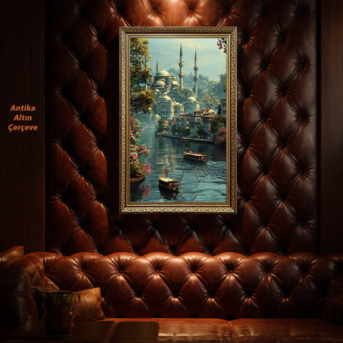 Boğazda Tarihi Cami ve Kayıklar Manzarası Sanat Baskısı, İstanbul’un Yeşil Doğası ve Sakin Suları ile Klasik Duvar Dekoru