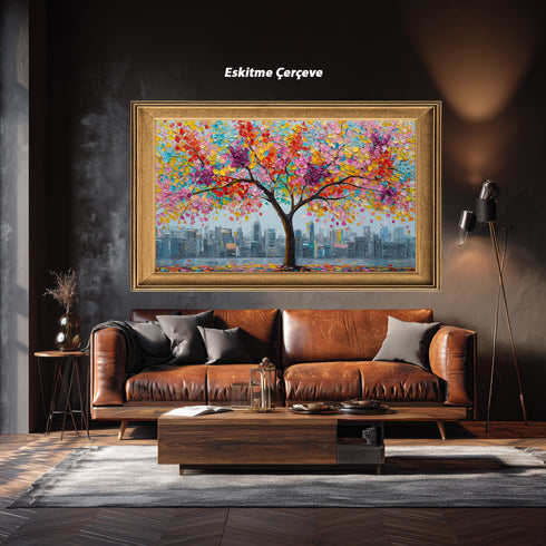 Renkli Çiçekli Ağaç ve Şehir Manzarası Tablosu Modern Soyut Kanvas Duvar Dekoru, Salon Ofis İçin Büyük Boy Sanatsal Tablo