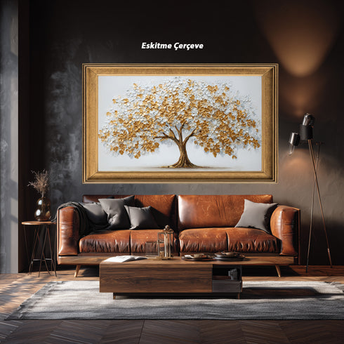 Altın ve Beyaz Çiçekli Hayat Ağacı Tablosu Kabartmalı Lüks Modern Kanvas Duvar Dekoru Salon Yatak Odası İçin Büyük Boy Tasarım