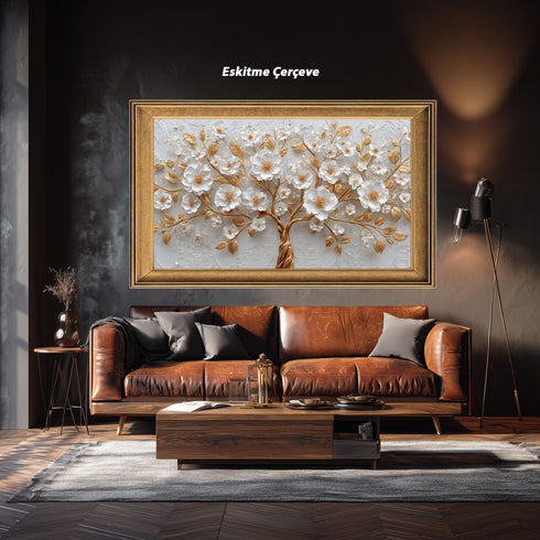 Altın Dallı Beyaz Çiçekli Ağaç Tablosu Lüks Kabartmalı Modern Kanvas Duvar Dekoru, Salon Yatak Odası İçin Büyük Boy Tablo