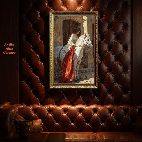 Tarihi Taş Mekânda Beyaz At Üzerinde Zarif Kadın, Orta Çağ Esintili Romantik Sahne, Klasik ve Epik Sanat Tarzında Duvar Dekoru