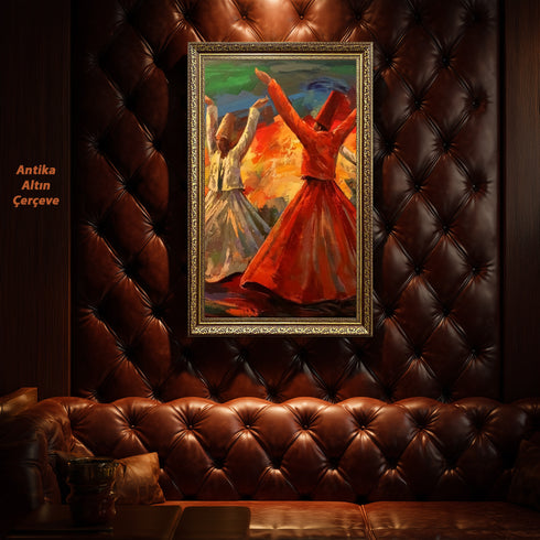 Semazenlerin Sema Dönüşü, Canlı Renklerle Tasvir Edilmiş Tasavvufi Ritüel ve Manevi Derinlik Taşıyan Modern Sanat Tablosu