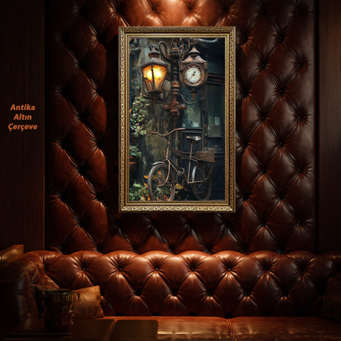 Vintage Sokak Lambası ve Bisiklet Sanat Tablosu Poster, Nostaljik Şehir Detayı ile Rustik Endüstriyel Duvar Dekoru Baskısı Sanatı