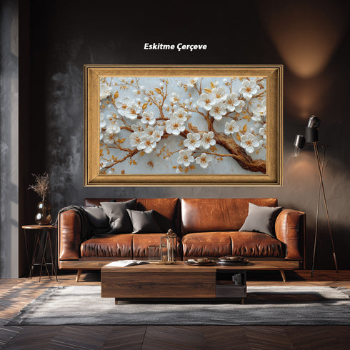 Altın Dallı Beyaz Çiçekli Ağaç Dalı Tablosu Kabartmalı Lüks Modern Kanvas Duvar Dekoru Salon Yatak Odası İçin Şık Tasarım
