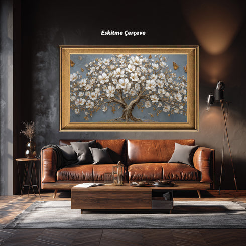 Altın Detaylı Beyaz Çiçekli Ağaç Tablosu Kelebekli Modern Kanvas Duvar Dekoru, Dokulu Salon Yatak Odası Büyük Boy Tablo