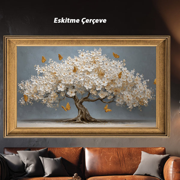 Beyaz Çiçekli Ağaç ve Altın Kelebekler Kanvas Tablo, Modern Çiçekli Duvar Dekoru, Salon ve Ofis için Şık Dekoratif Baskı Ev Hediyesi