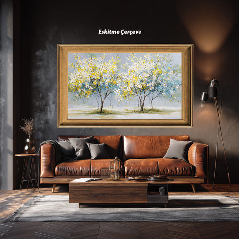 Sarı Beyaz Çiçekli Ağaç Tablosu Modern Soyut Kanvas Duvar Dekoru, Salon Yatak Odası İçin Büyük Boy Manzara Tablo
