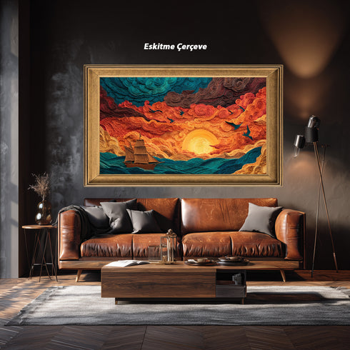 Gün Batımında Yelkenli ve Martılar Tablosu Soyut Deniz Manzarası Modern Kanvas Duvar Dekoru Salon Ofis İçin Büyük Boy Sanatsal Tasarım