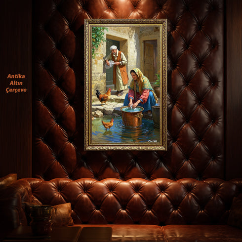 Geleneksel Köy Yaşamı Suluboya Sanat Baskısı, Anadolu Günlük Hayat Sahnesi, Tavuklar ve Taş Evlerle Nostaljik Duvar Dekoru