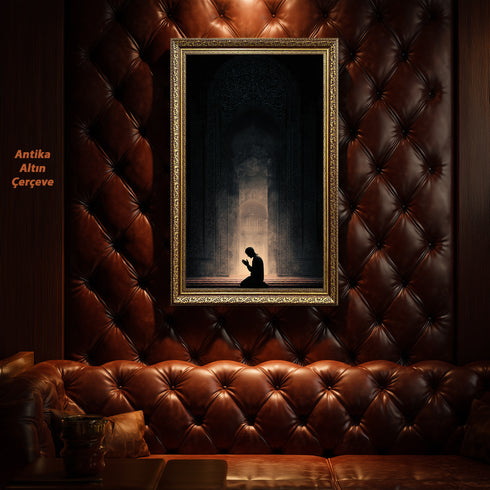 Kubbetüs Sahra Silüeti ve Dua Eden Mümin Kanvas Tablo – Işık ve Gölge Temalı İslami Duvar Dekoru, Dini Salon Tablosu