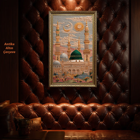 Mescid-i Nebevi Yeşil Kubbe Nakış İşlemeli Görünümlü Kanvas Tablo – Hilal ve Güneş Motifli İslami Duvar Dekoru, Dini Salon Tablosu