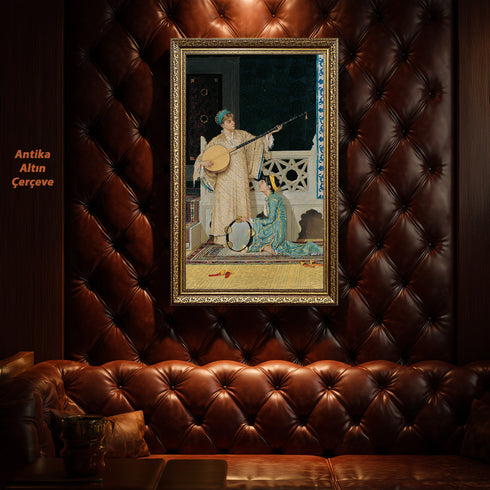 Oryantal Müzik Sahnesi Sanat Tablosu Poster, Osmanlı Dönemi Ud ve Def Çalan Kadınlar ile Klasik Doğu Temalı Duvar Sanatı Baskısı
